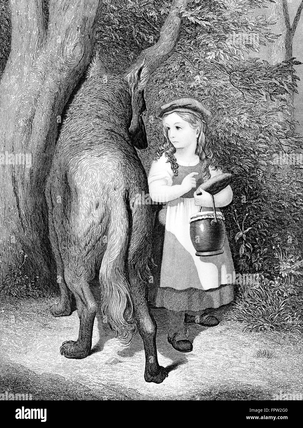 Illustrazione di Little Red Riding Hood & lupo cattivo nel bosco fiabesco STORIA PER BAMBINI LETTERATURA PERICOLO Foto Stock