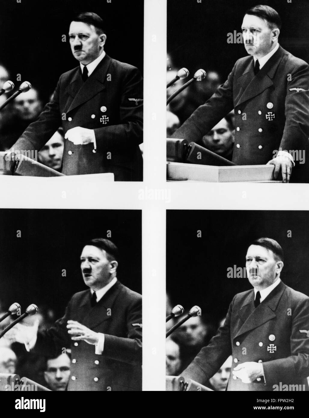 1930s 1939 COMPOSITO DI 4 PONE DI ADOLF HITLER parlando al Rally di Potsdam in Germania Foto Stock