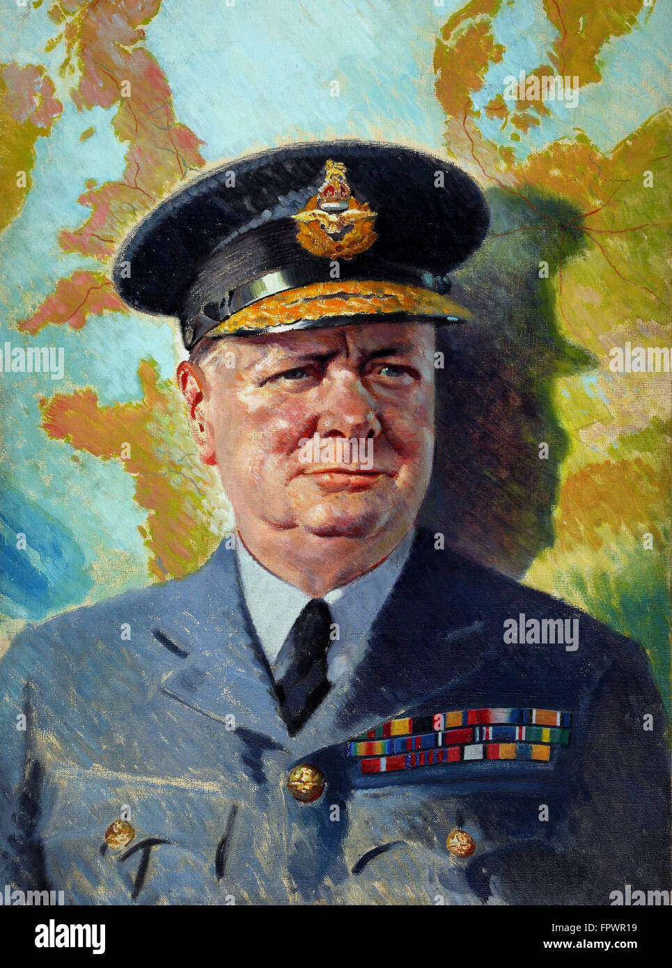Vintage II Guerra Mondiale la pittura di Winston Churchill con indosso la sua uniforme di RAF. Foto Stock