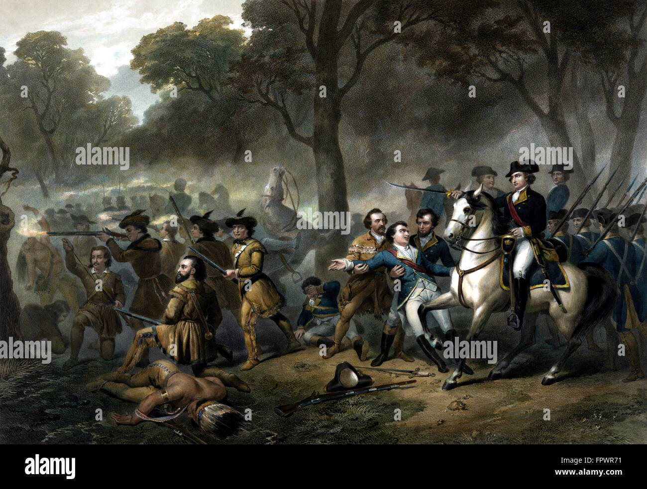 Stampa vintage di George Washington a cavallo che portano le truppe nella battaglia di Monongahela. Foto Stock