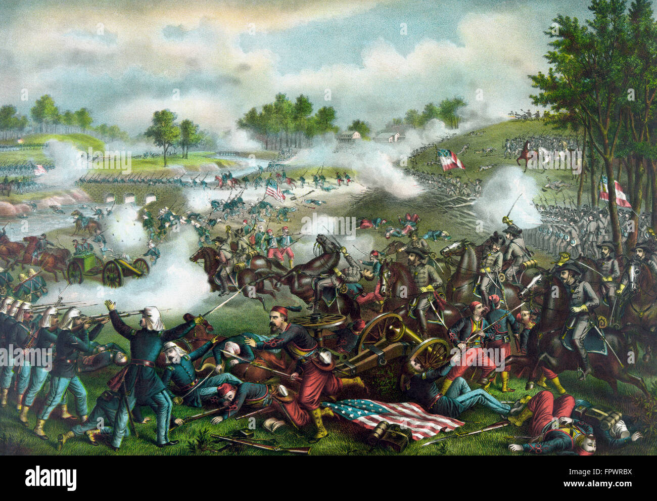 Vintage Guerra Civile la pittura di unione e truppe Confederate combattimenti alla battaglia di Bull Run, conosciuta anche come Battaglia di Manas Foto Stock
