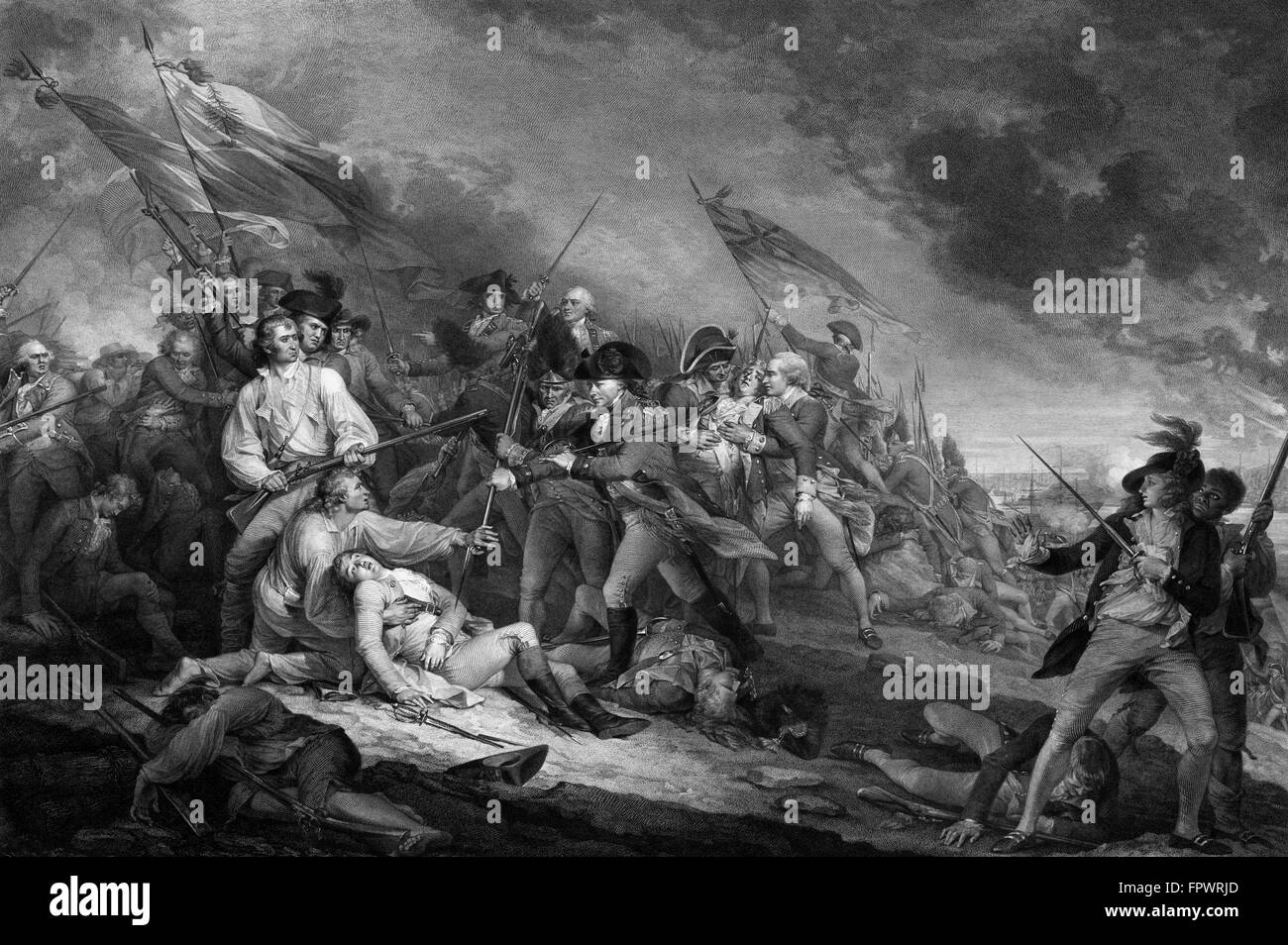 Vintage la guerra rivoluzionaria americana stampa della battaglia di Bunker Hill. La battaglia ha avuto luogo il 17 giugno 1776 durante l'Assedio di B Foto Stock