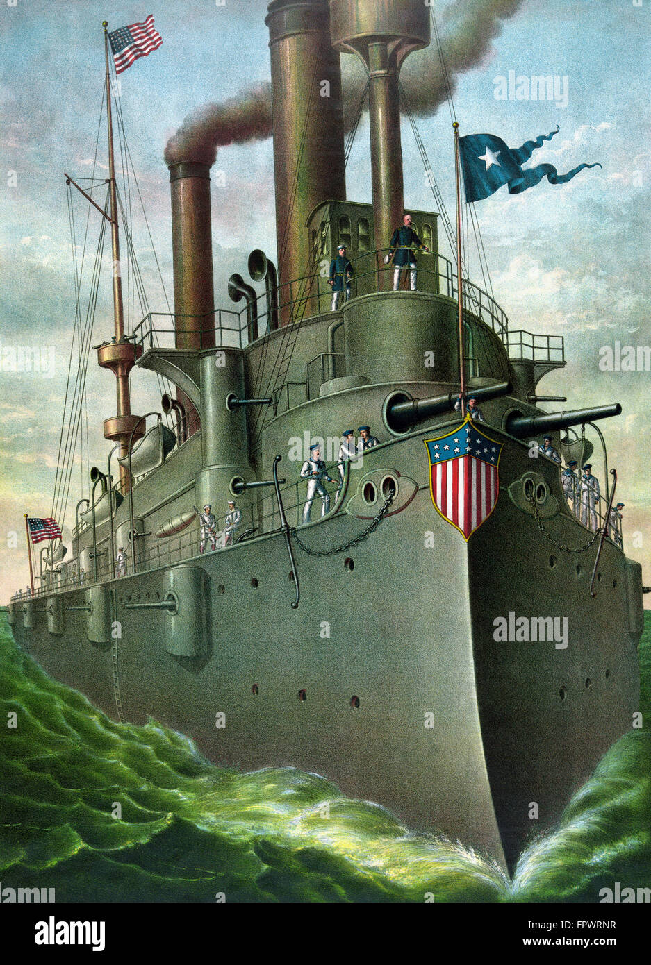 Vintage American History Stampa di ammiraglio George Dewey permanente sulla sua nave ammiraglia, l'Olympia. Foto Stock