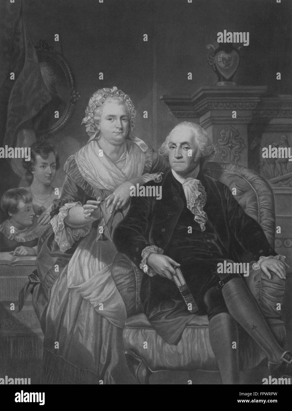 Vintage American History stampa del presidente George Washington, Martha Washington, e i loro nipoti. Foto Stock