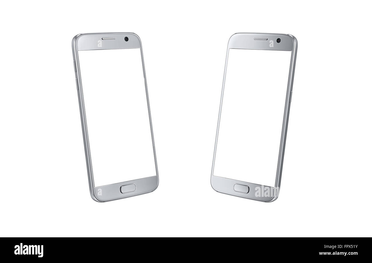 Argento Moderno smart phone vista isometrica. Schermo bianco per mockup, isolata, due lati. Foto Stock