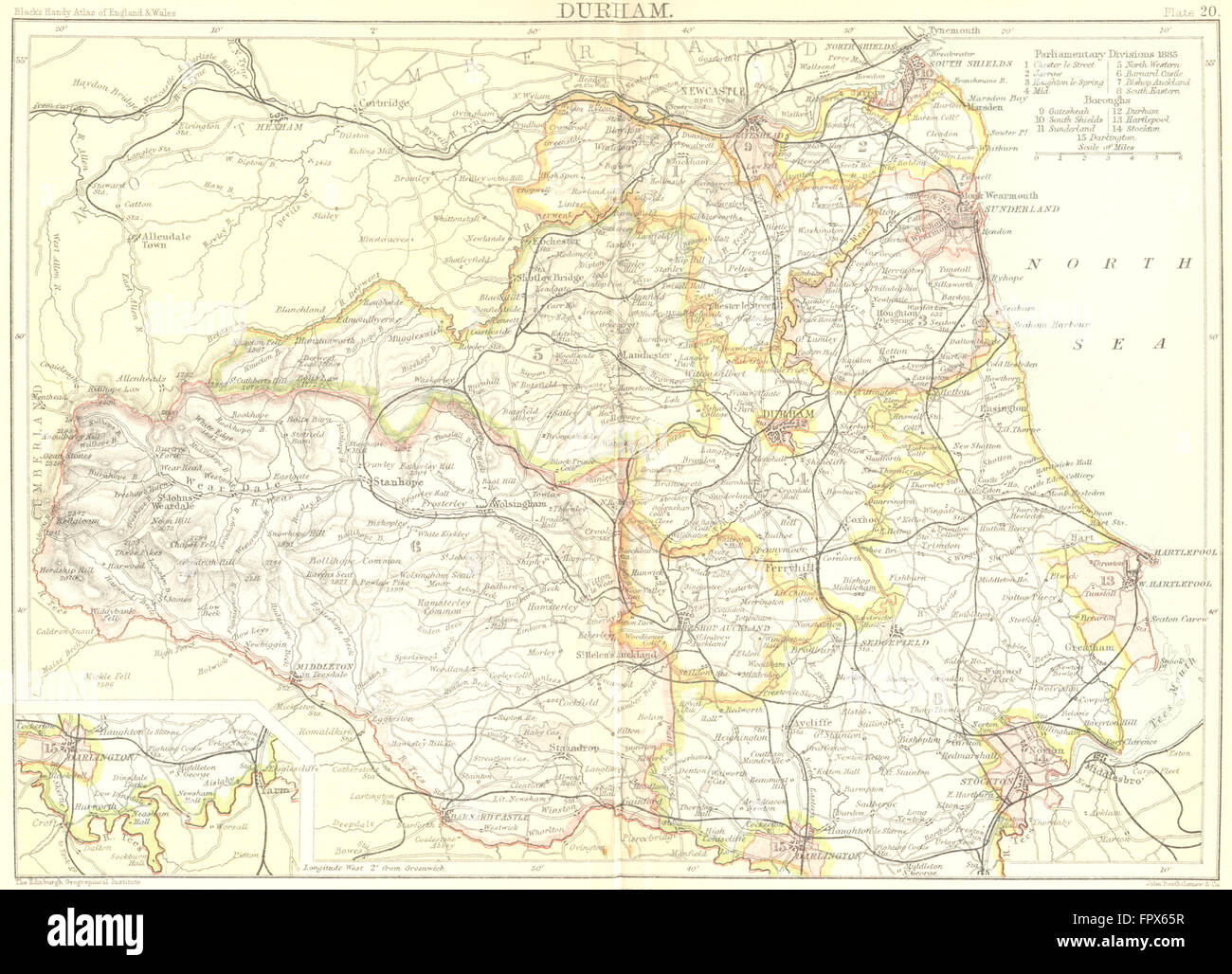 DURHAM: Nero Inset Darlington, 1892 Mappa antichi Foto Stock