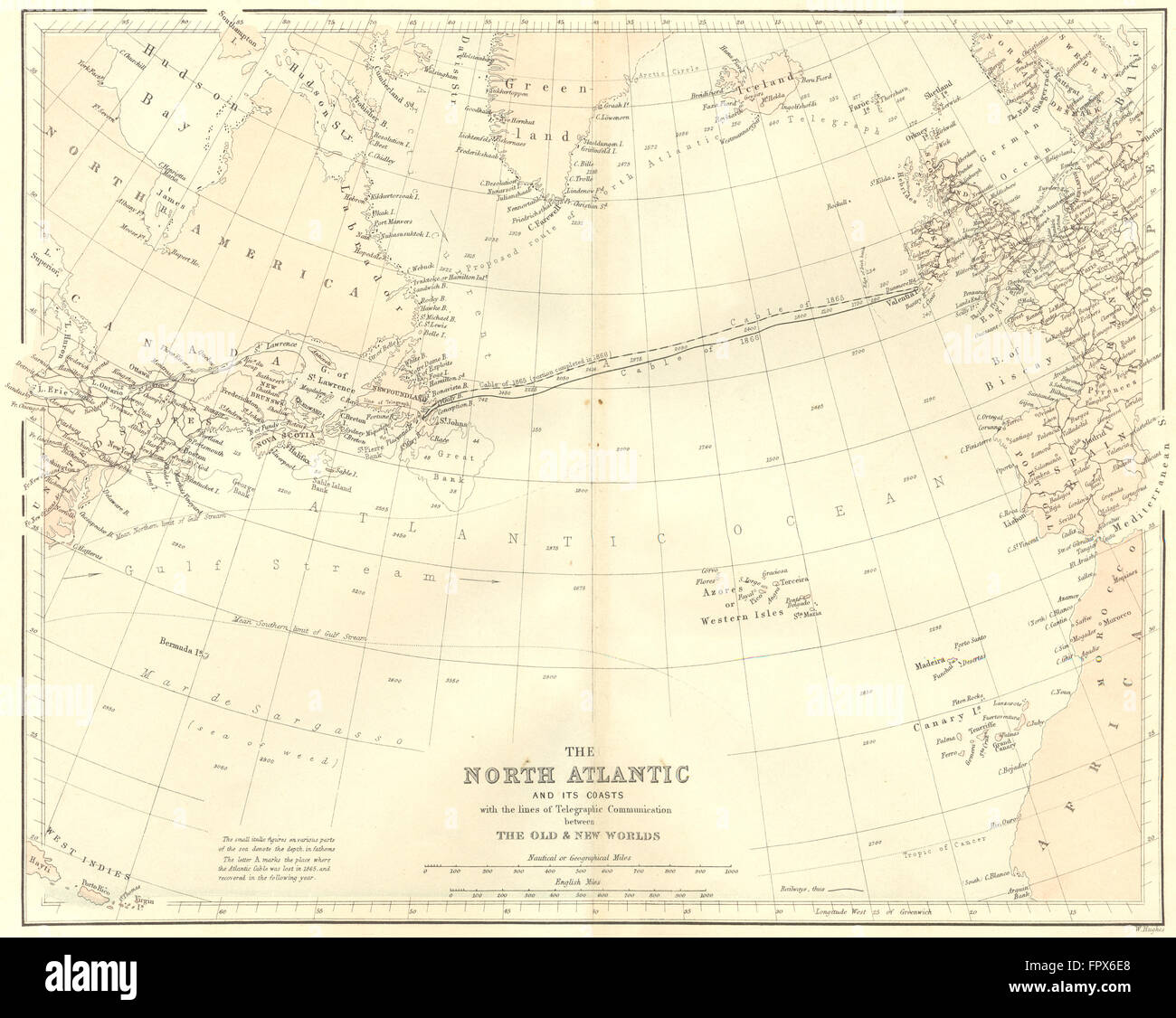 Oceano Atlantico settentrionale: cavi del telegrafo: virtù, 1868 Mappa antichi Foto Stock