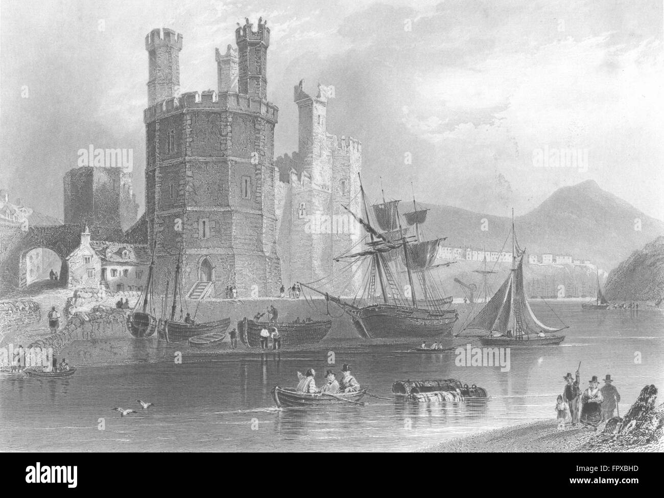 CAERNARFON: Torre Aquila, Castello: Fiume navi barche, antica stampa 1850 Foto Stock
