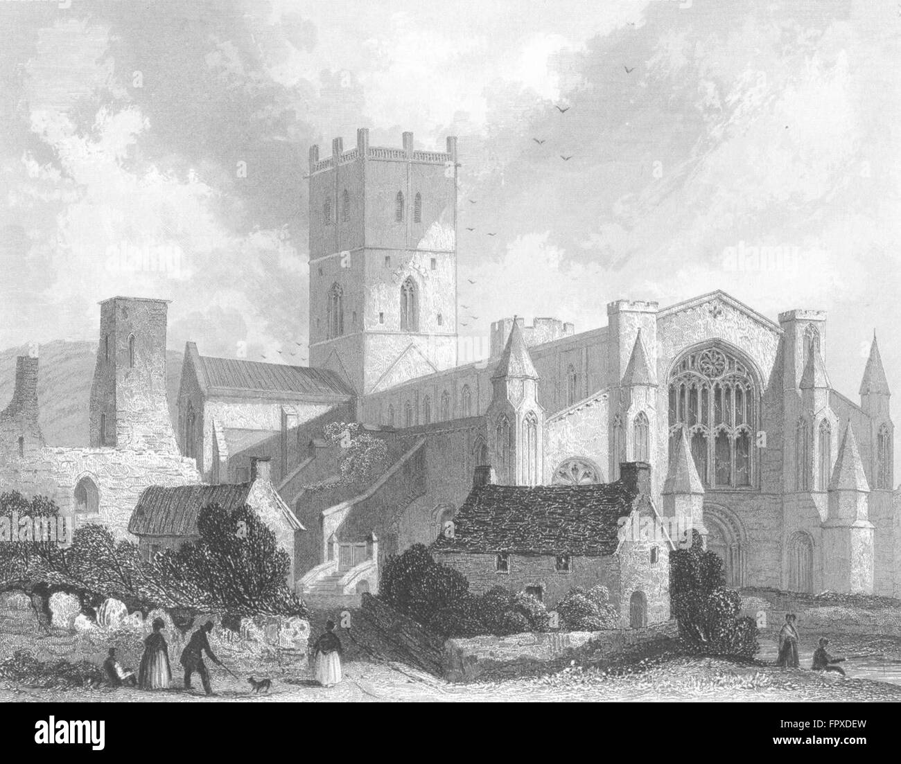 Galles: St David's Cattedrale vista NW, antica stampa 1836 Foto Stock