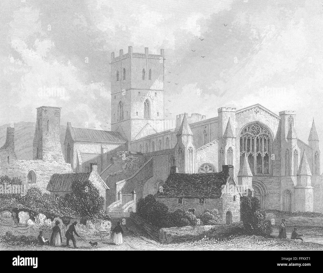 Galles: St David's Cattedrale vista NW, antica stampa 1838 Foto Stock