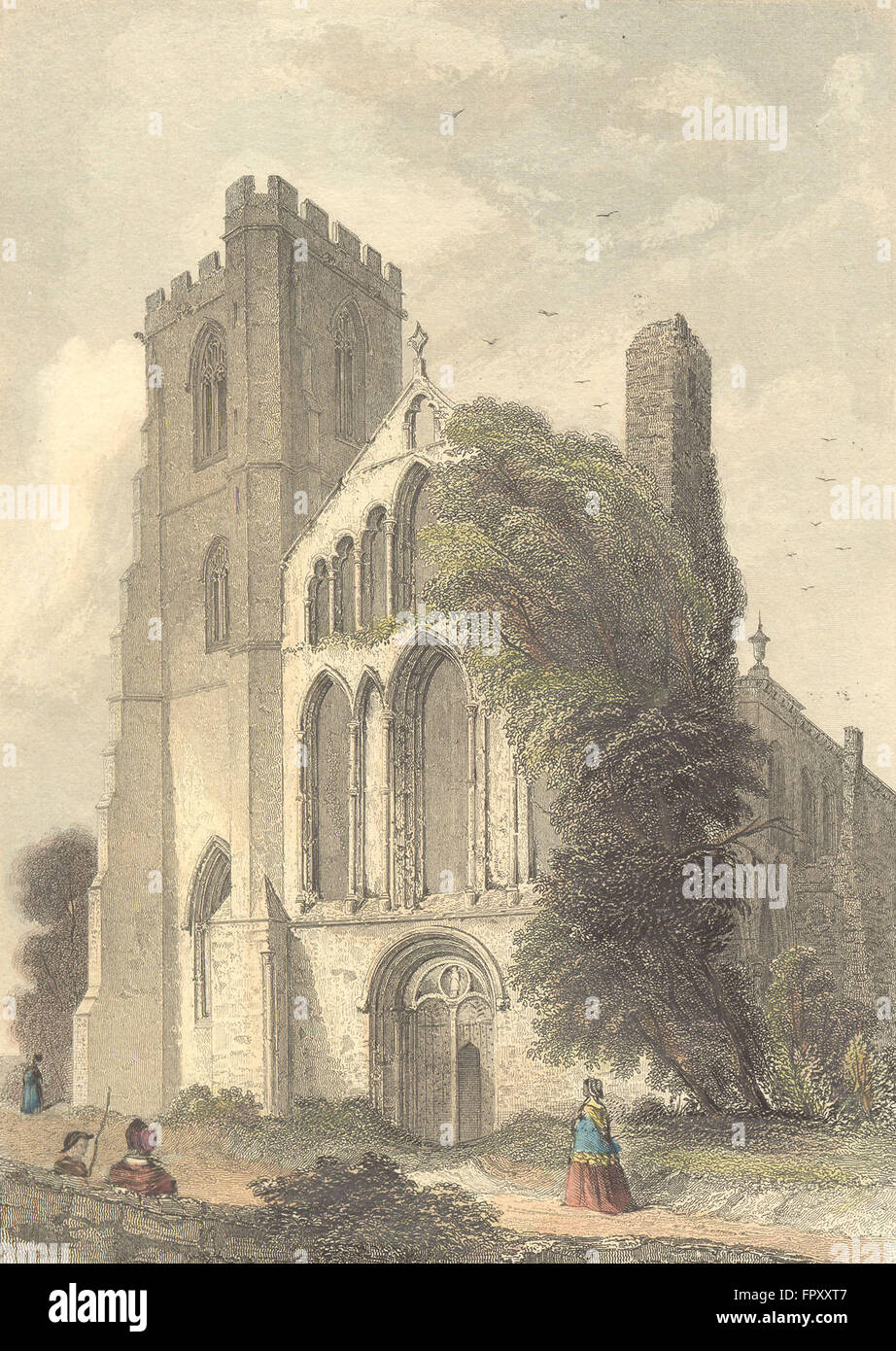 Galles: Llandaff Cathedral, antica stampa 1850 Foto Stock
