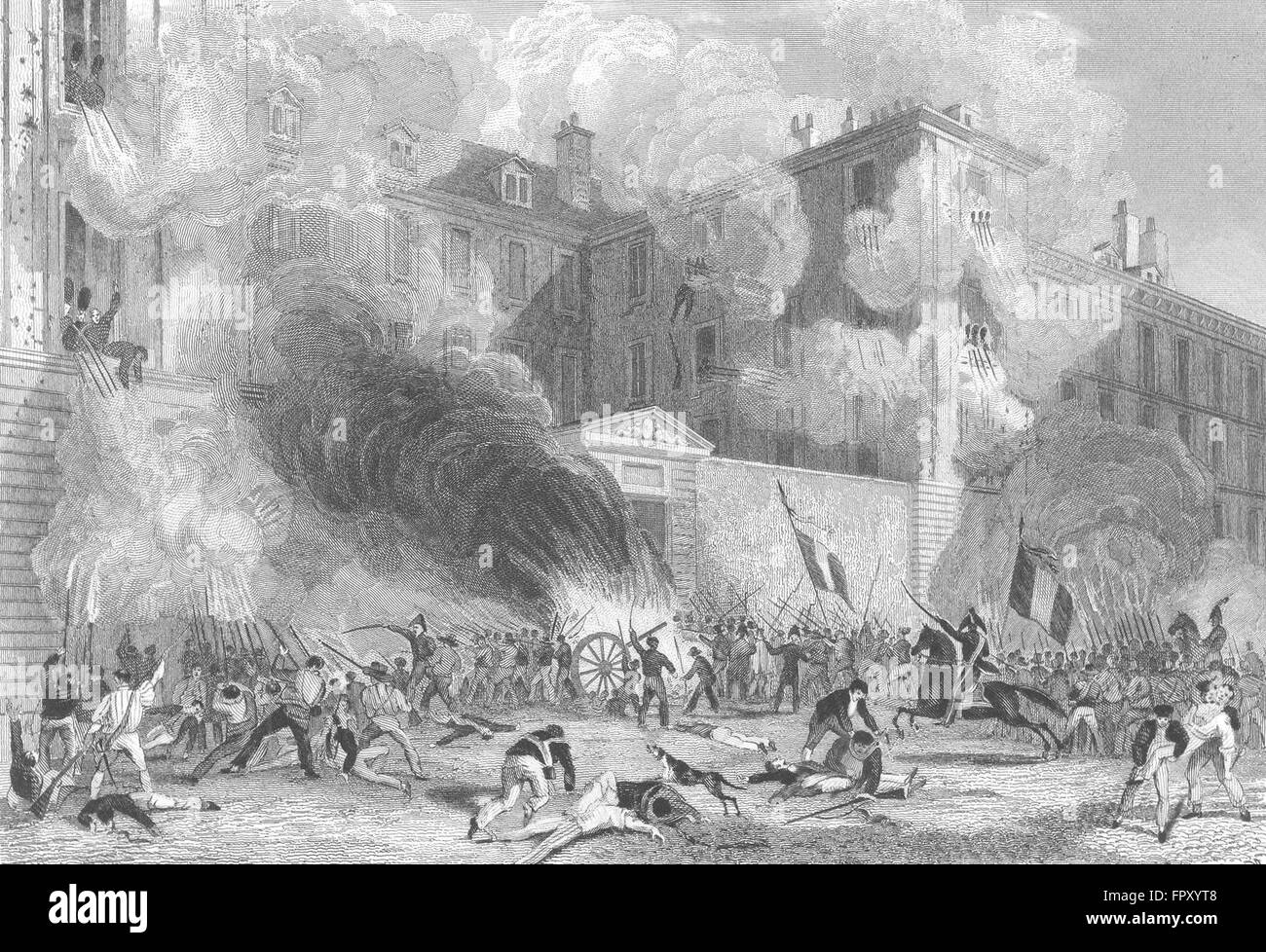 Parigi: Caserne Suisse, Rue Babylone, 1830: Battle, antica stampa 1834 Foto Stock