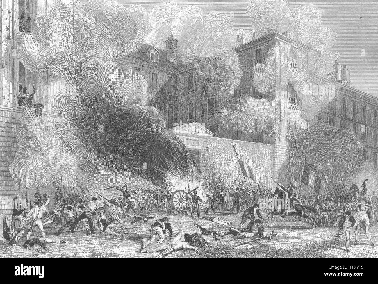Parigi: Caserne Suisse, Rue Babylone, 1830: Battle, antica stampa 1828 Foto Stock