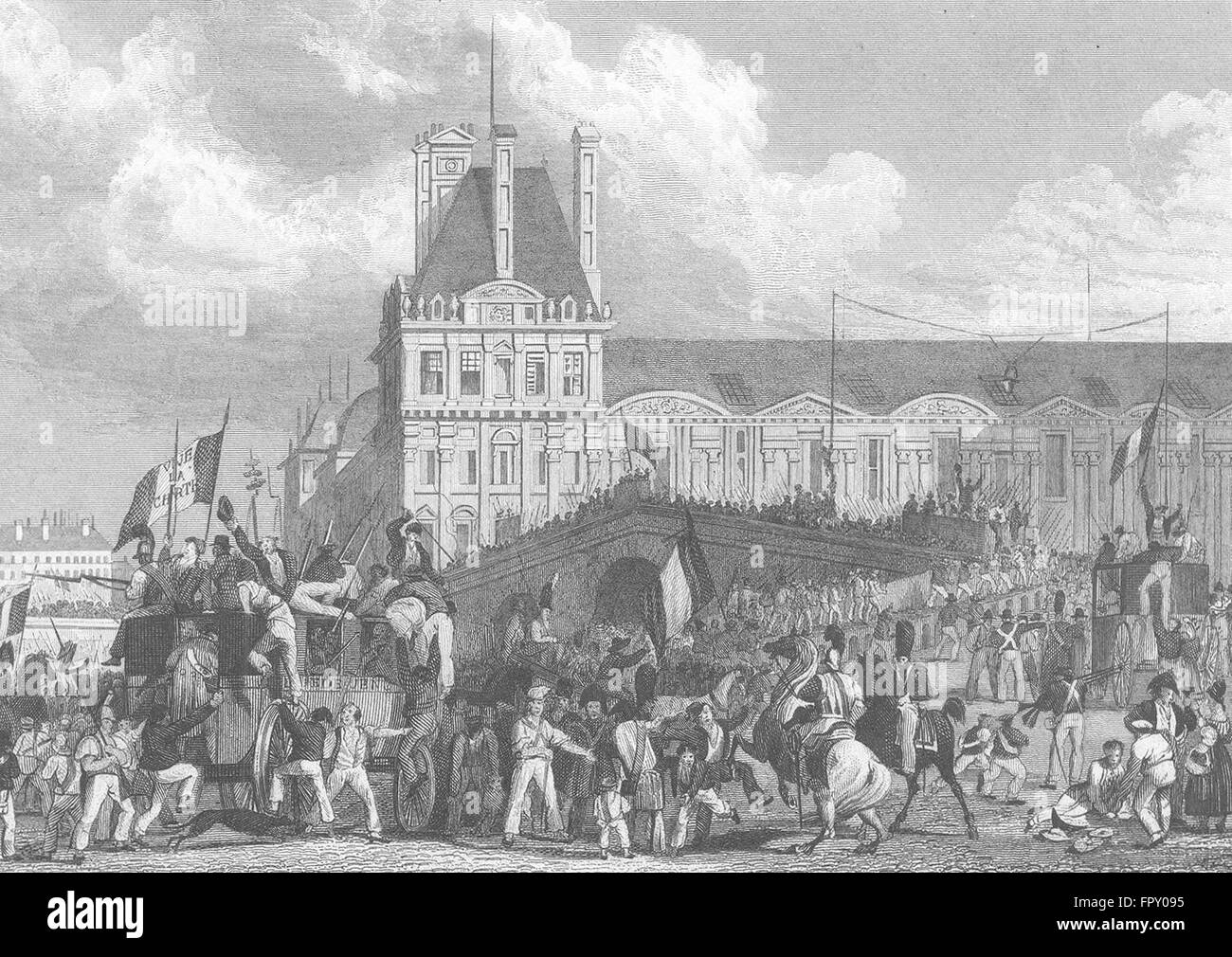 RAMBOUILLET: Partono popolino, Pour: Parigi bandiera, antica stampa 1828 Foto Stock
