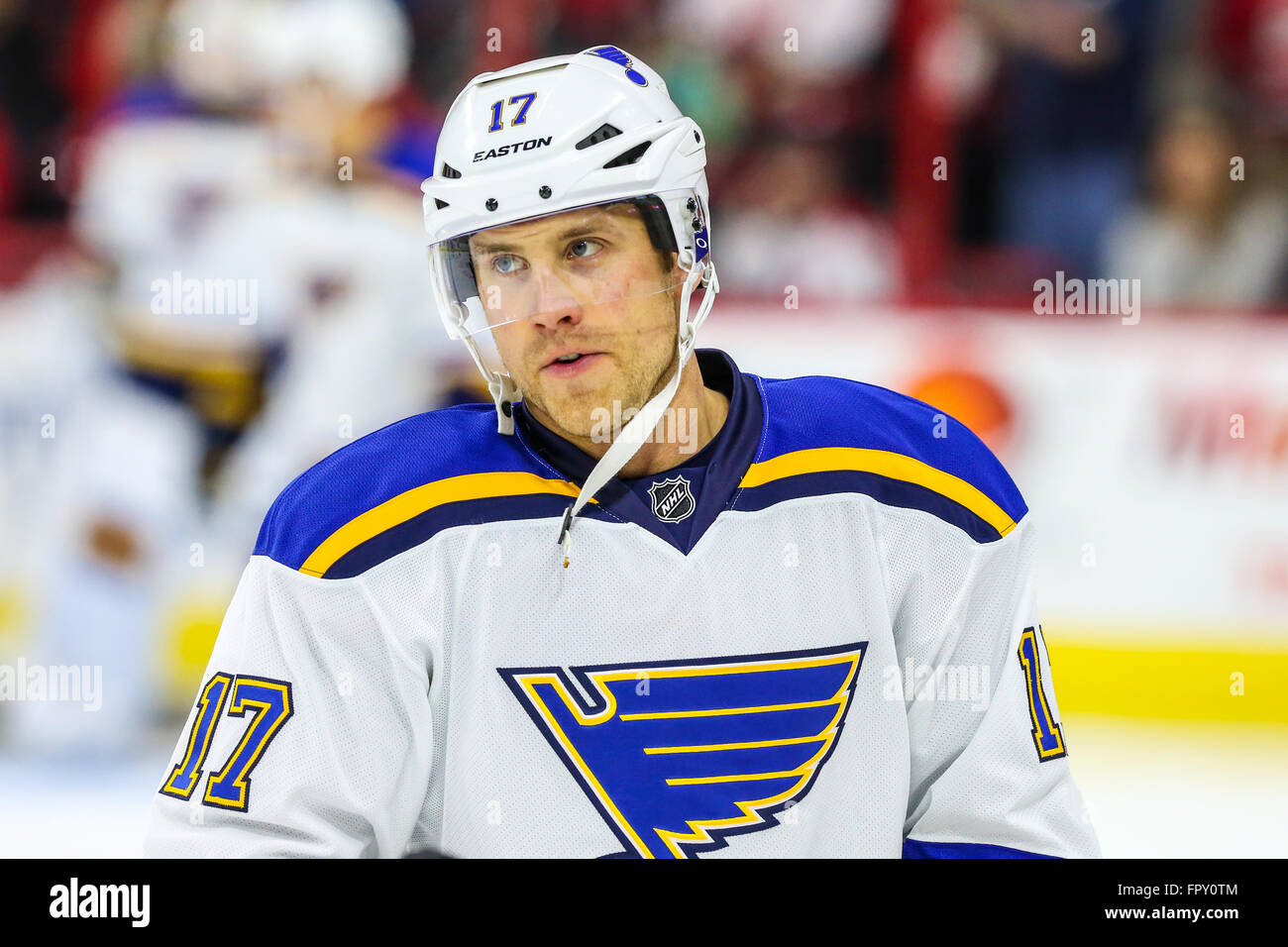 Louis Blues ala sinistra Jaden Schwartz (17) durante il gioco NHL tra la St Louis Blues e Carolina Hurricanes al PNC Arena. Foto Stock