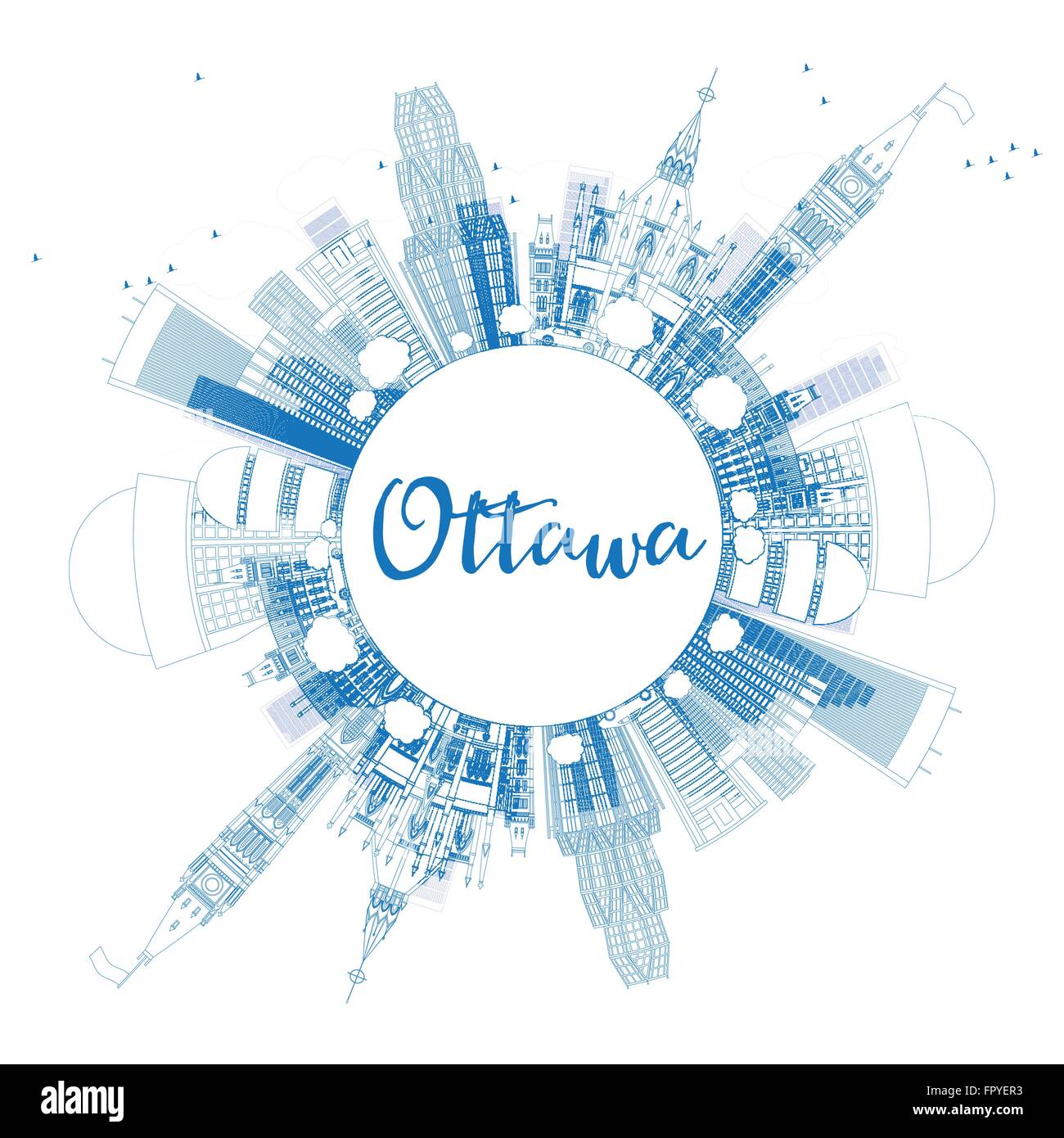 Profilo dello Skyline di Ottawa con edifici blu e copia di spazio. Illustrazione Vettoriale. Viaggi di affari e turismo concept Illustrazione Vettoriale