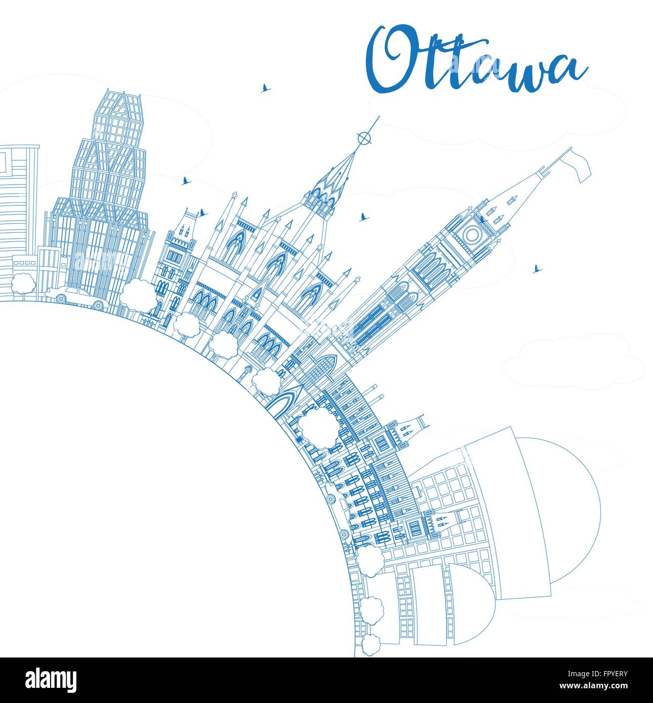 Profilo dello Skyline di Ottawa con edifici blu e copia di spazio. Illustrazione Vettoriale. Viaggi di affari e turismo concept Illustrazione Vettoriale