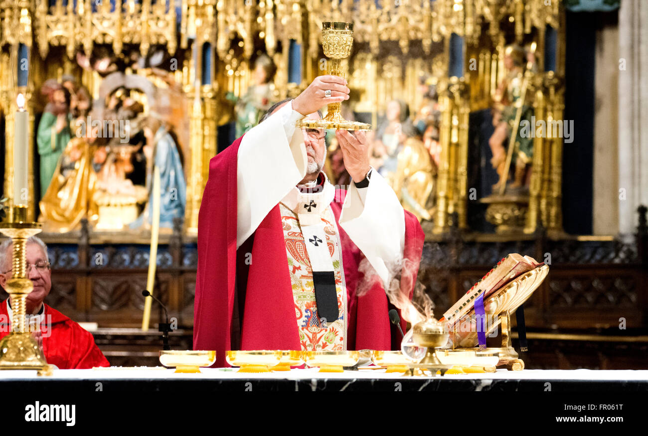 Oviedo, Spagna. Xx marzo, 2016. Gesù Sanz, Arcivescovo di Oviedo, benedice il vino sacramentale durante la Messa nella Cattedrale di Oviedo a Domenica delle Palme, che commemora Gesù" trionfale ingresso a Gerusalemme, il 20 marzo 2016 a Oviedo, Spagna. Credito: David Gato/Alamy Live News Foto Stock