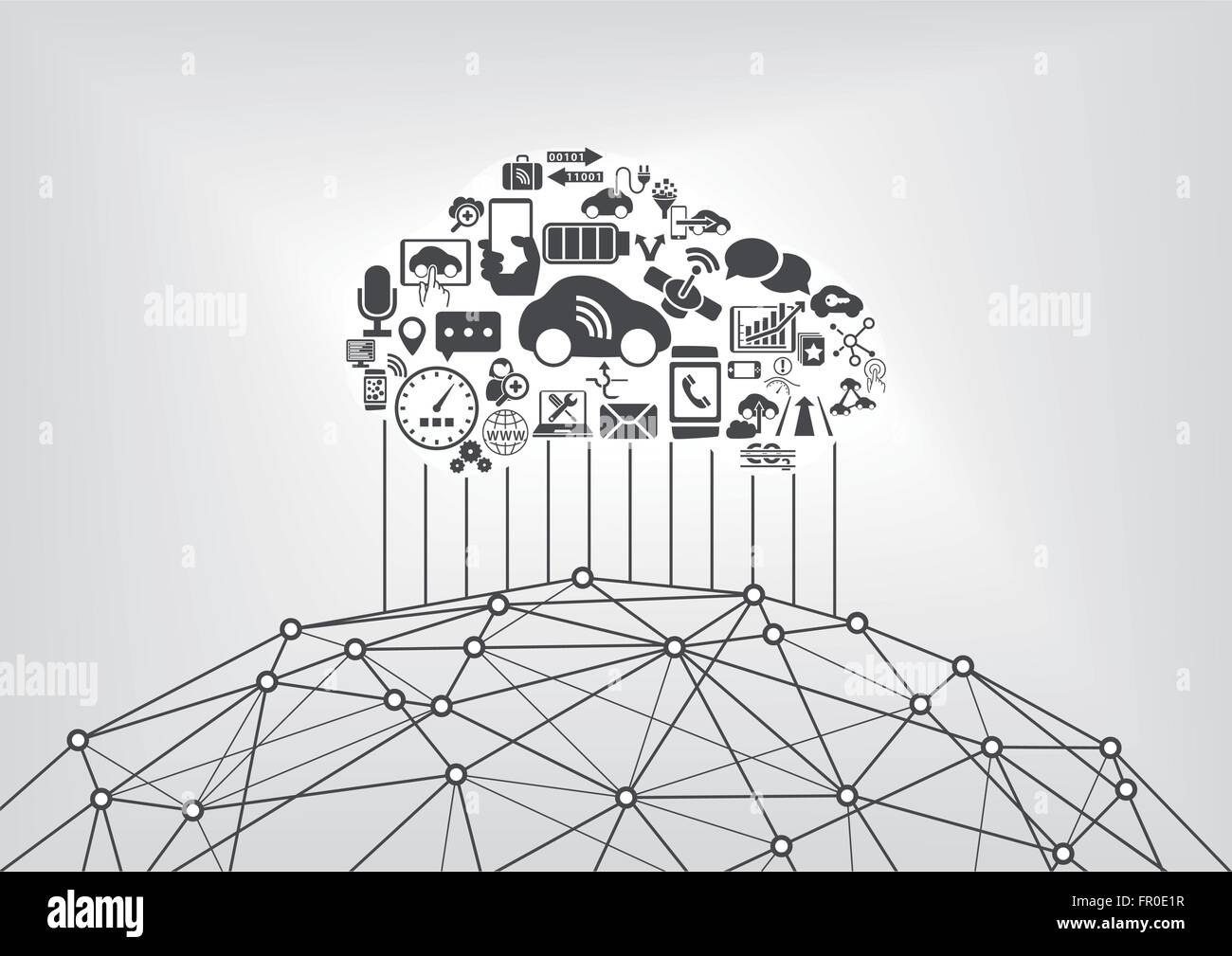 Collegato auto e internet delle cose una infografica concetto. Auto Driverless collegato al world wide web. Illustrazione Vettoriale