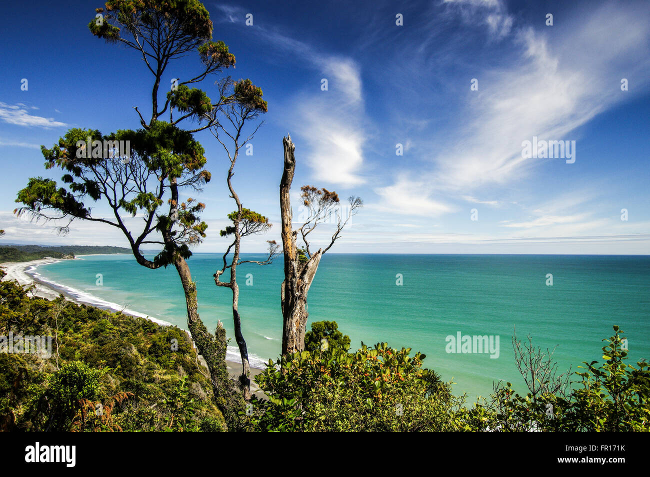 Vista delle tre miglia di spiaggia e Mare di Tasman dal Three Mile Pack via - Okarito, Nuova Zelanda Foto Stock
