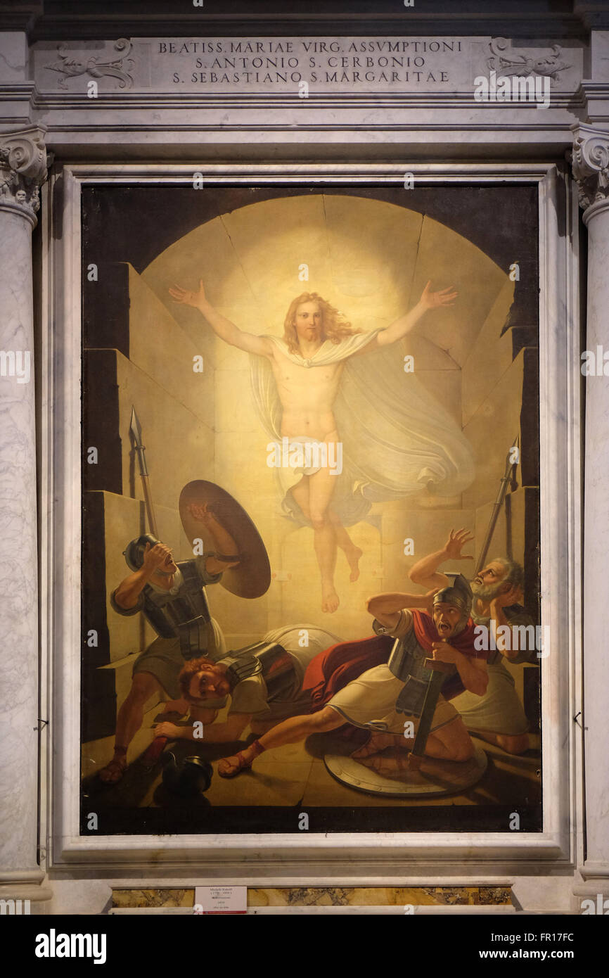 Pala raffigurante la risurrezione di Cristo, opera di Michele Ridolfi nella cattedrale di San Martino a Lucca, Italia Foto Stock