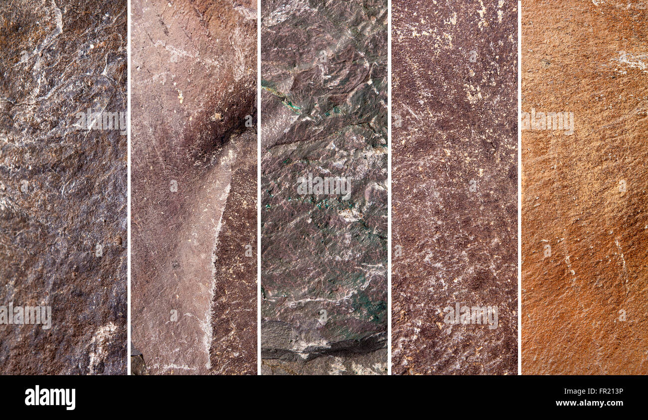 Cinque diverse strutture di pietra per panoramica, toni di rosso Foto Stock