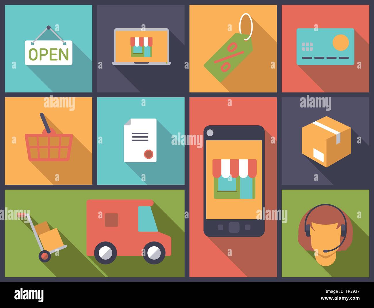 Piatta orizzontale illustrazione di design con l'e-commerce e online-simboli dello shopping Illustrazione Vettoriale