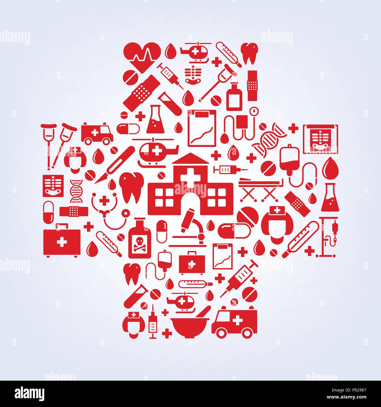 Varietà di assistenza medica e sanitaria simboli disposti in forma di croce Illustrazione Vettoriale