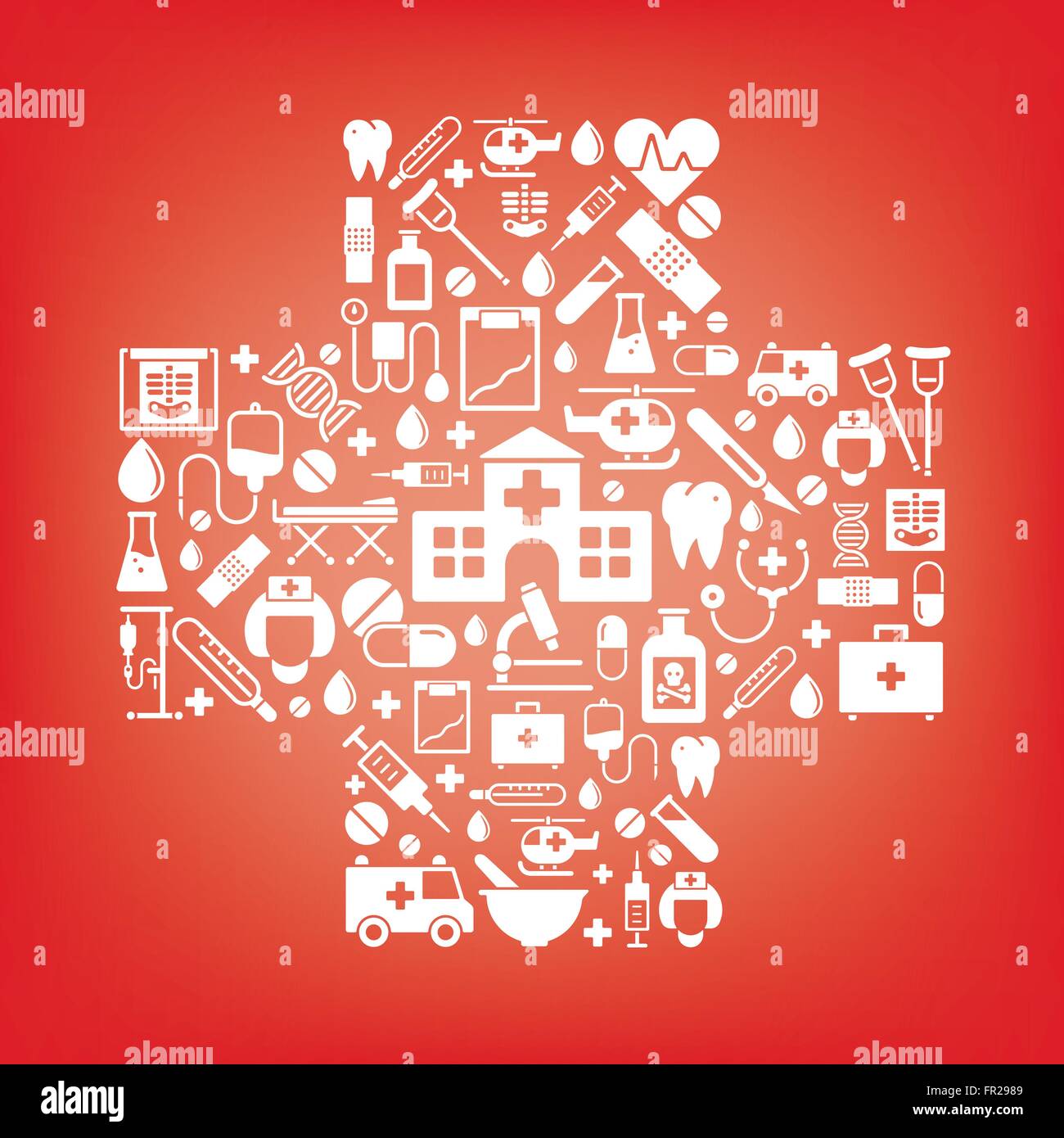 Assistenza medica e sanitaria simboli disposti in forma di croce, bianco su sfondo rosso Illustrazione Vettoriale