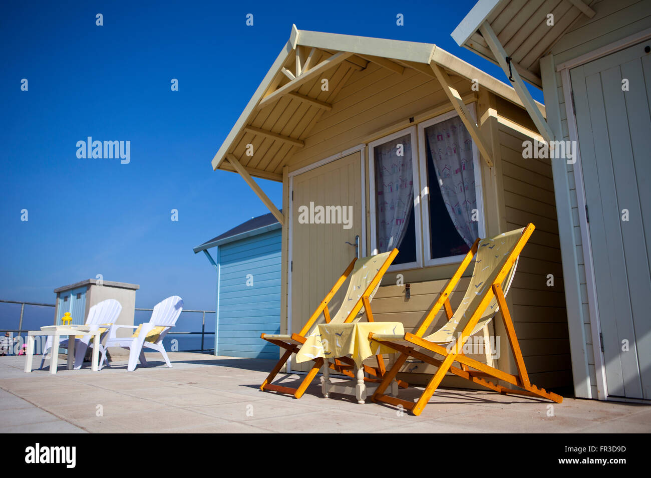 Fleetwood beach capanne, Wyre, Lancashire, Regno Unito Foto Stock