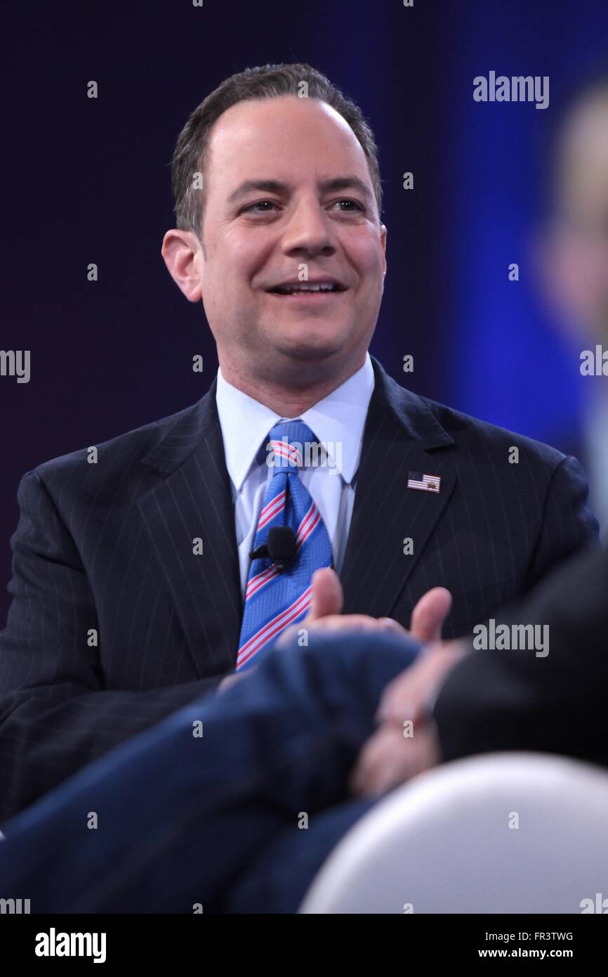 Presidente del Comitato Nazionale Repubblicano Reince Priebus durante l annuale conservatore americano Unione CPAC conferenza presso il Porto Nazionale il 4 marzo 2016 in Oxon Hill, Maryland. Foto Stock