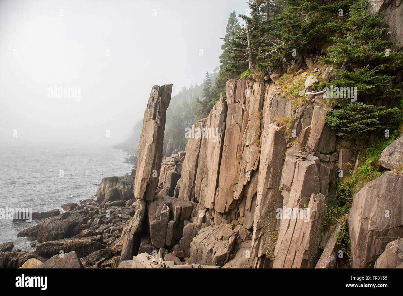 Roccia di bilanciamento, una stretta colonna verticale di basalto, equilibrato sulla sua punta; a Tiverton, Nova Scotia Canada Foto Stock