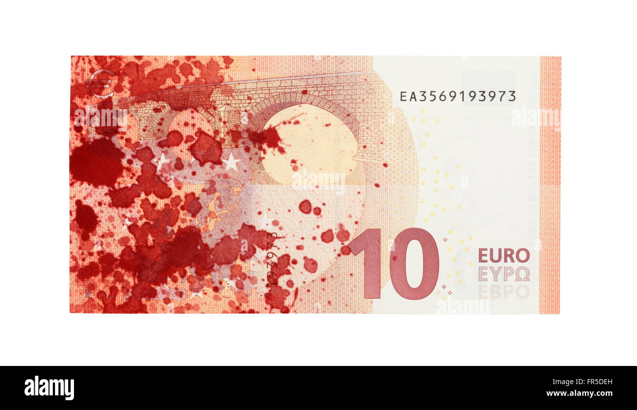 Dieci nuove banconote in euro, isolato su bianco, close-up Foto Stock