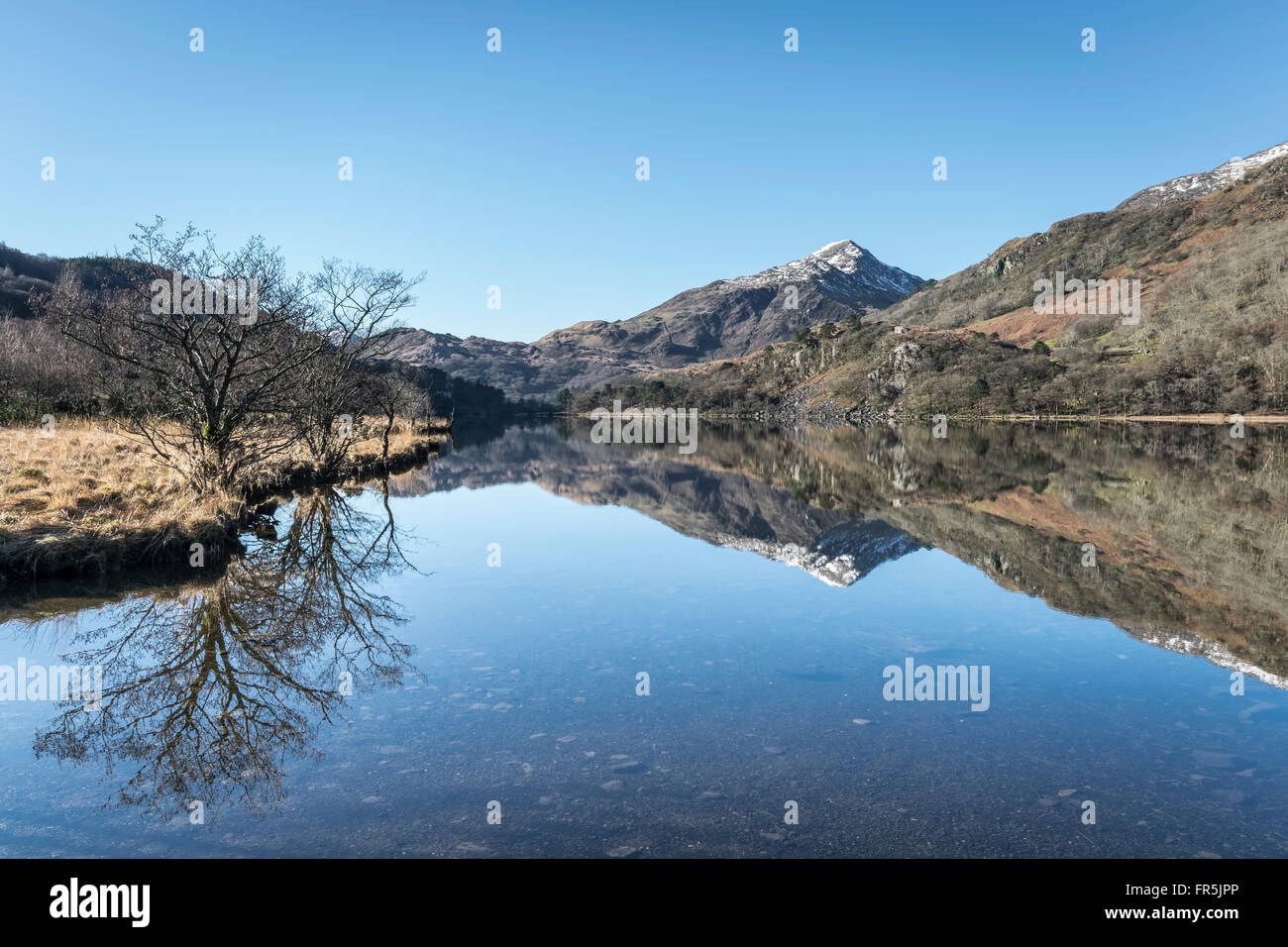 Llyn Gwynant lago sulla A498 strada da Beddgelert nel Parco Nazionale di Snowdonia nel Galles del Nord Foto Stock