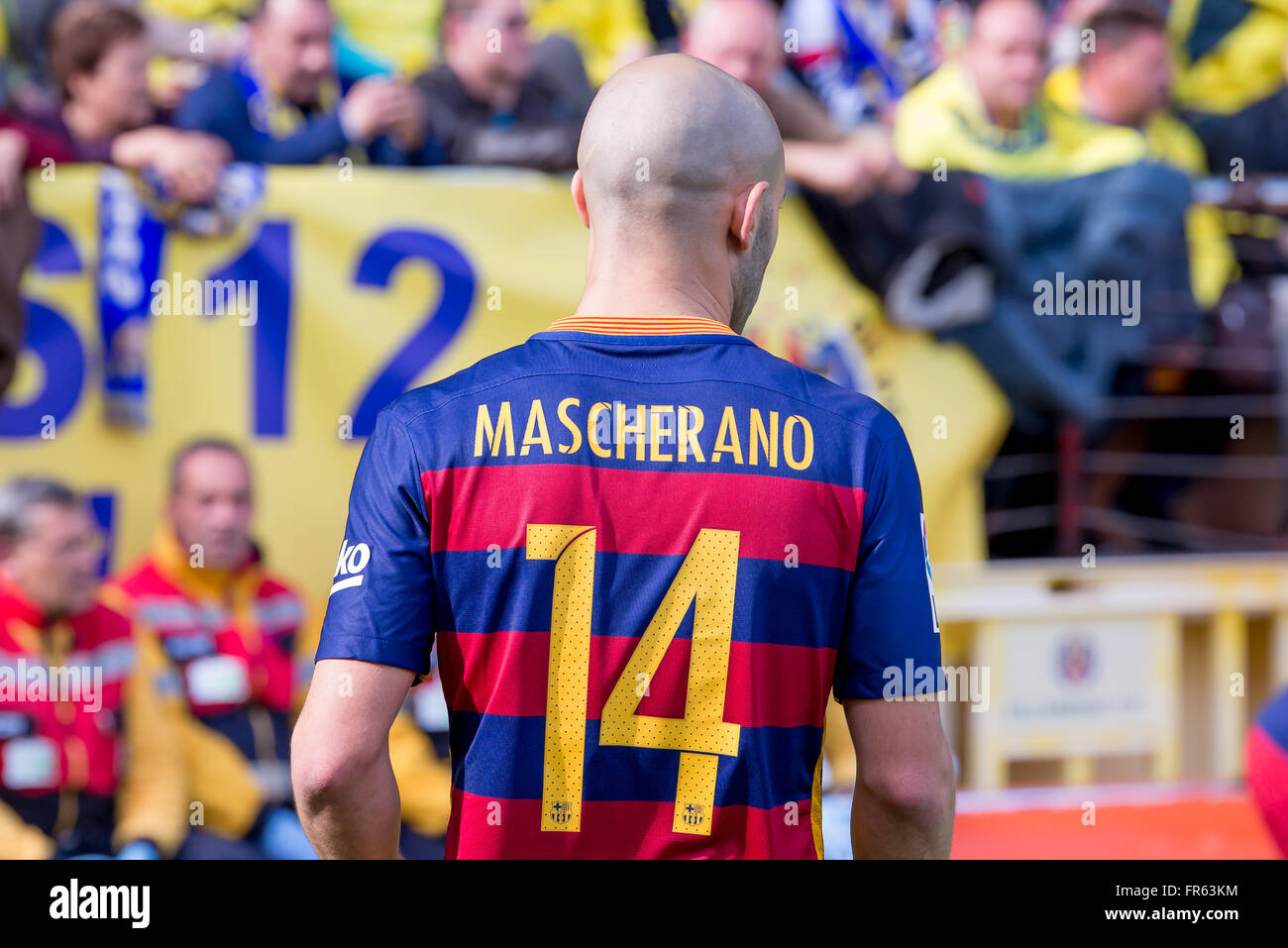 VILLARREAL, Spagna - MAR 20: Mascherano gioca in La Liga match tra Villarreal CF e FC Barcellona a El Madrigal Stadium il 20 marzo 2016 in Villarreal, Spagna. Foto Stock