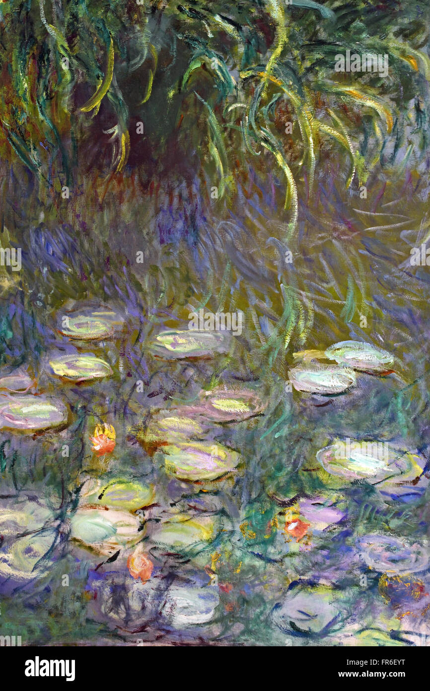 Dettaglio dell'acqua la serie di Lily Nymphaea dipinta da Claude Monet 1840 – 1926 Francia Francese al Musée de l'Orangerie ( Jardin Tuileries Paris ) dipinti francesi impressionisti e post-impressionisti Francia Foto Stock