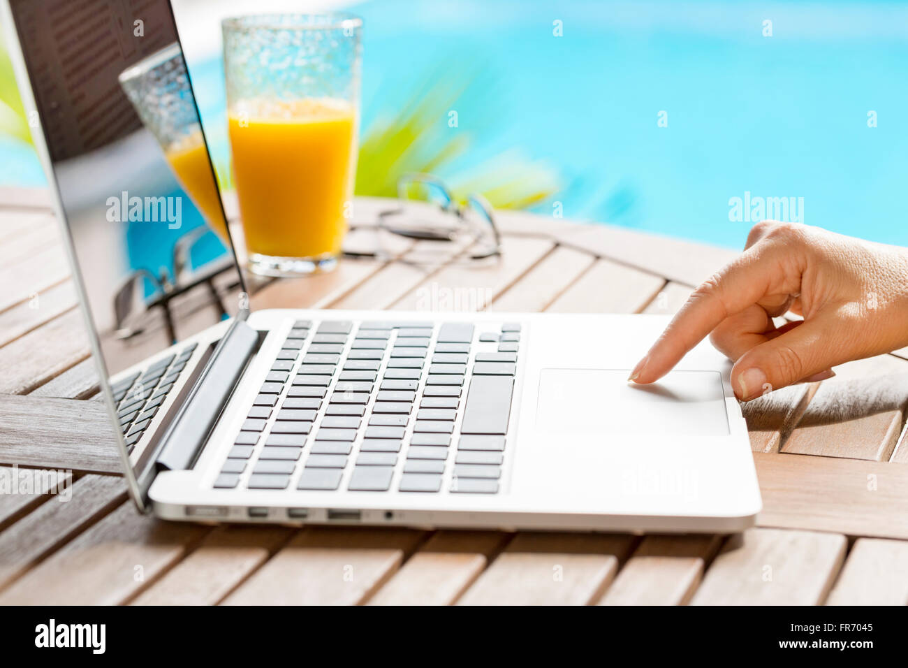 Nel giardino una donna navigare in Internet sul computer portatile. Lavoro a casa. Pool di sfocatura sullo sfondo Foto Stock