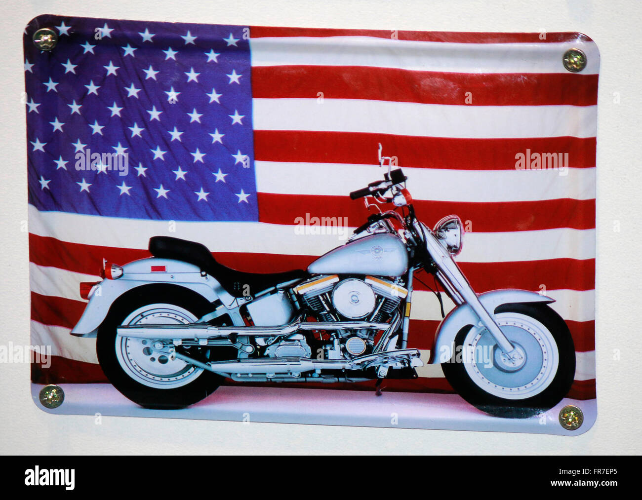 US-Flagge mit Harley Davidson, Berlino. Foto Stock