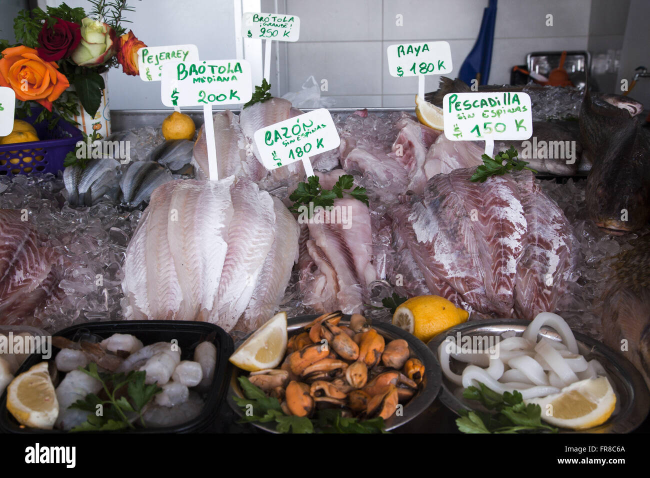 Pressione di stallo di vendita del pesce e frutti di mare Foto Stock