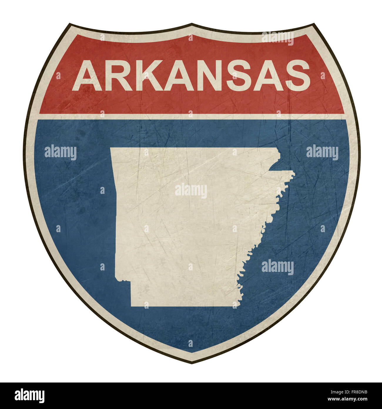 Arkansas American Interstate Highway road scudo isolato su uno sfondo bianco. Foto Stock