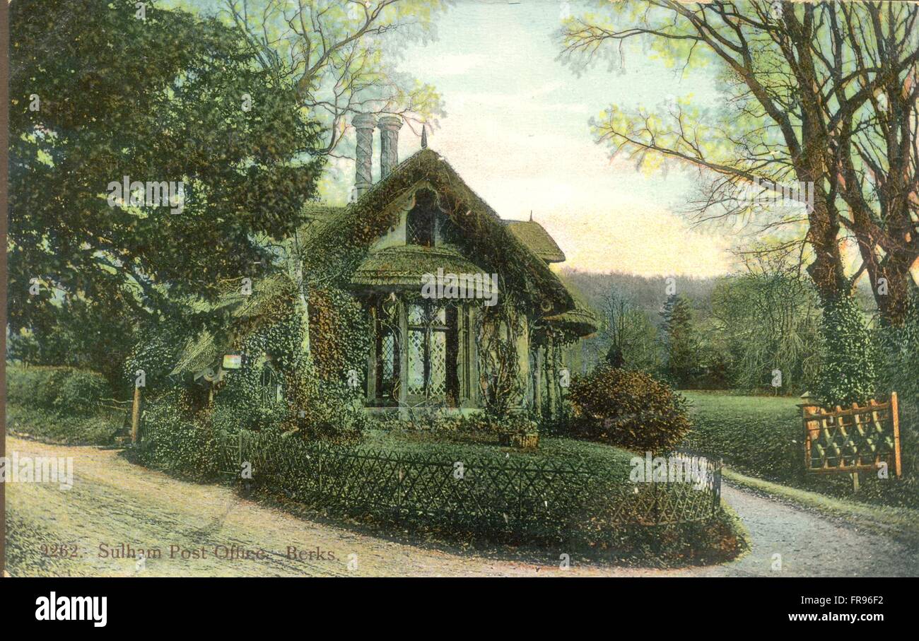 Cartolina edoardiana del primo 19 ° secolo cottage ornee, Ufficio postale di Sulham, Berkshire UK Foto Stock
