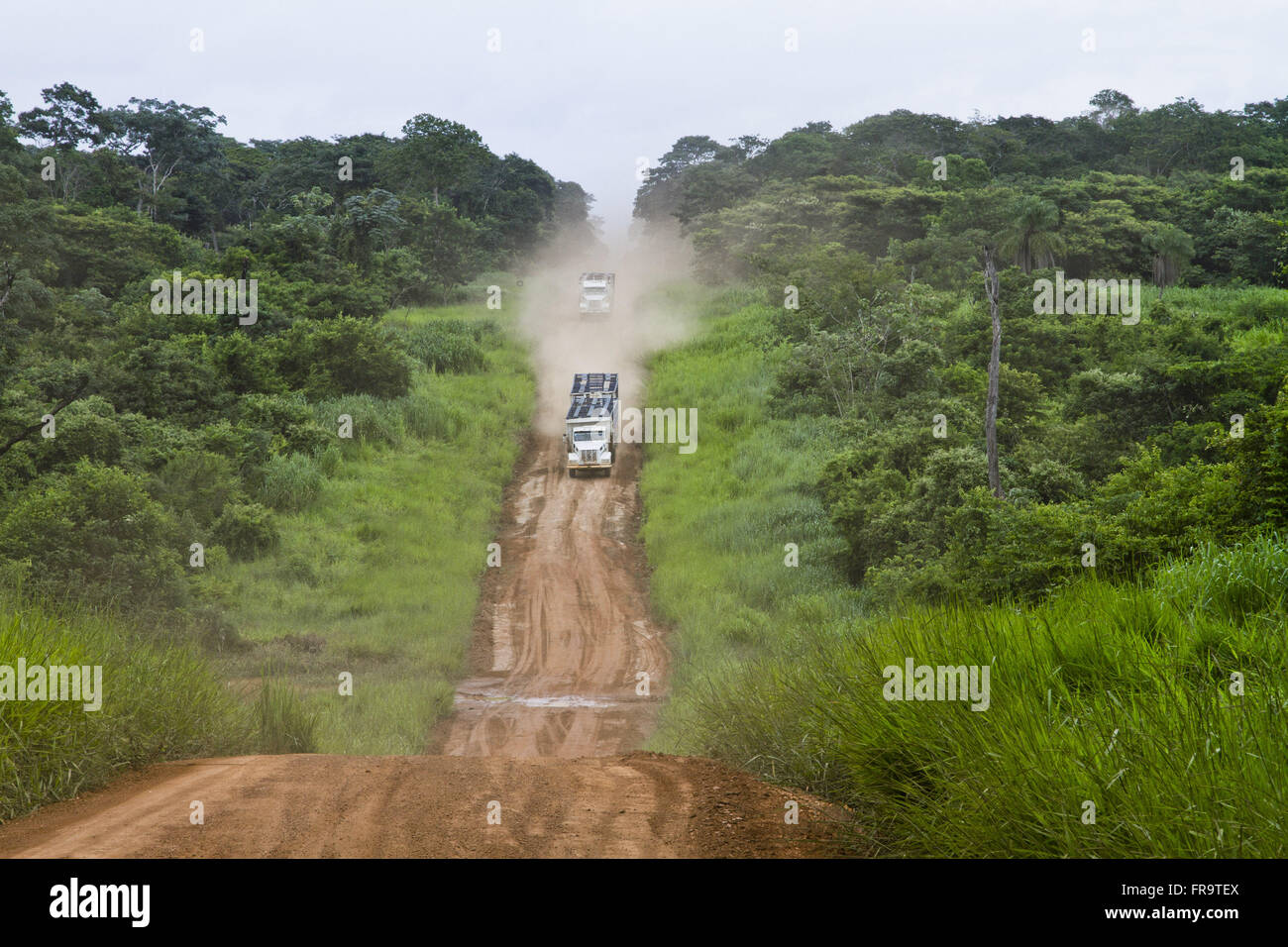 I veicoli che viaggiano in autostrada terreno accanto al confine con il Mato Grosso Foto Stock