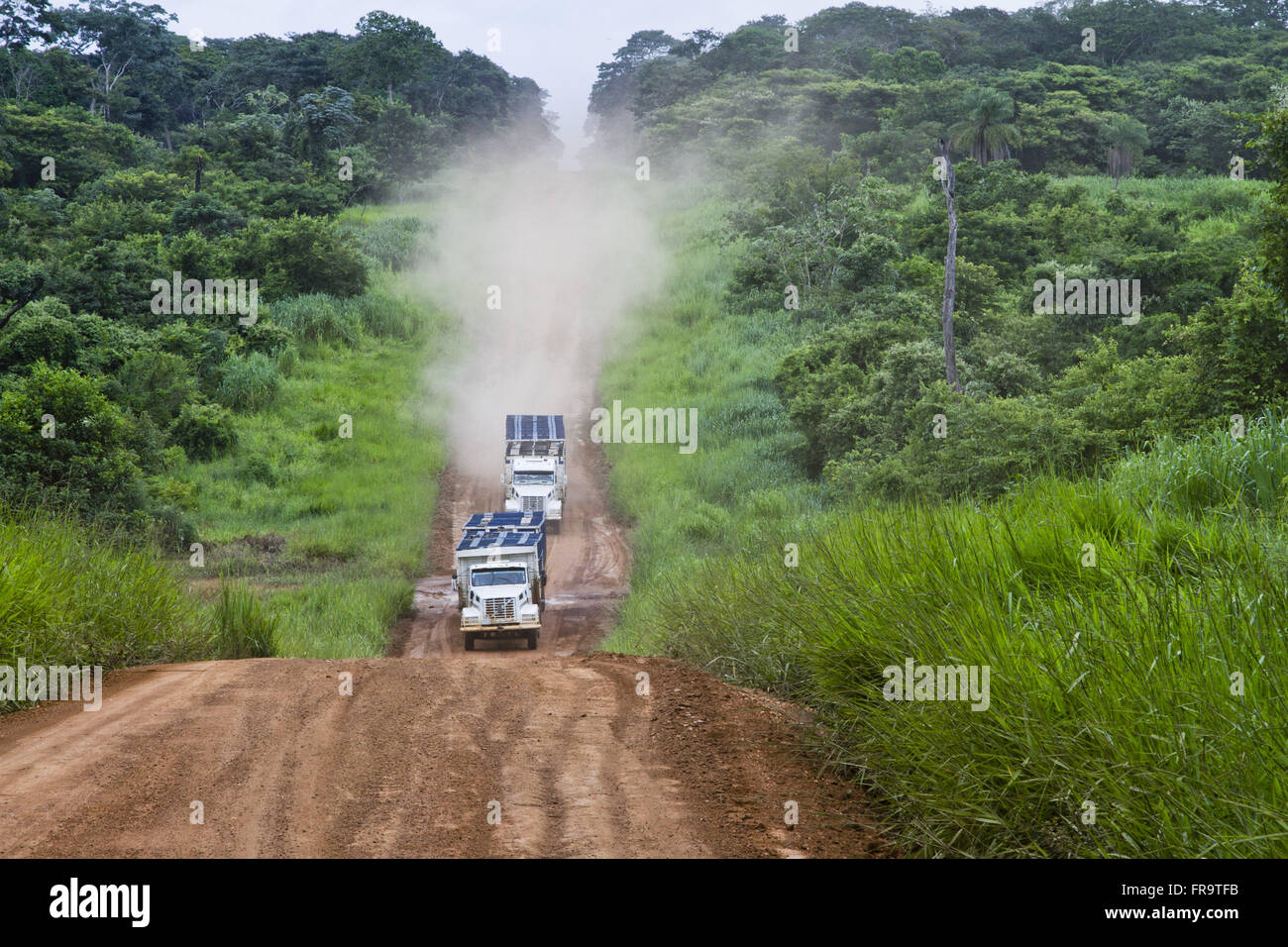 I veicoli che viaggiano in autostrada terreno accanto al confine con il Mato Grosso Foto Stock