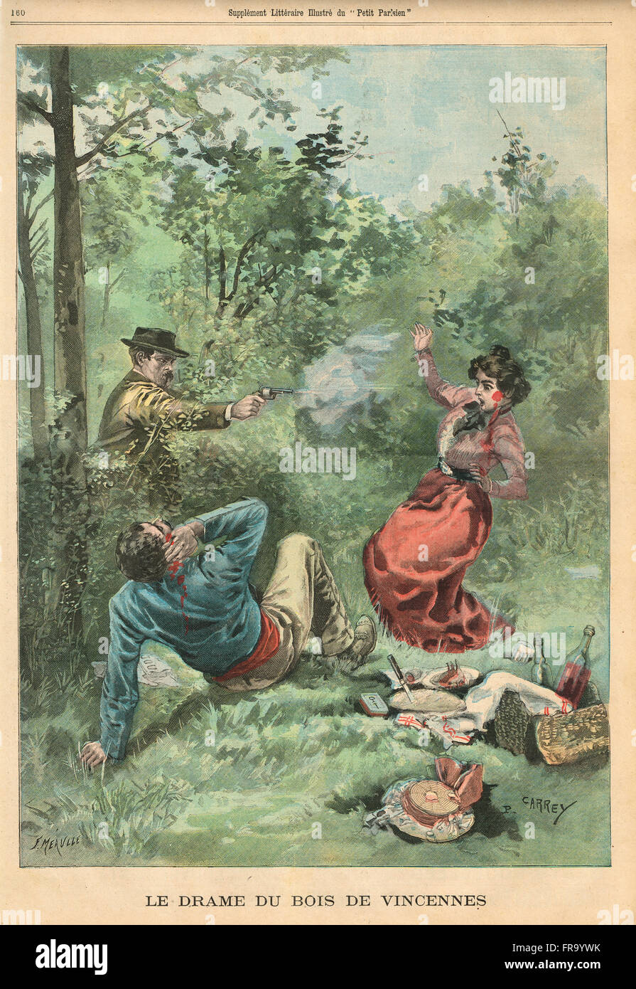 Crimine di passione al pic-nic a Bois de Vincennes, Francia 1900.  Quotidiano francese illustrato le Petit Parisien illustrazione Foto stock -  Alamy