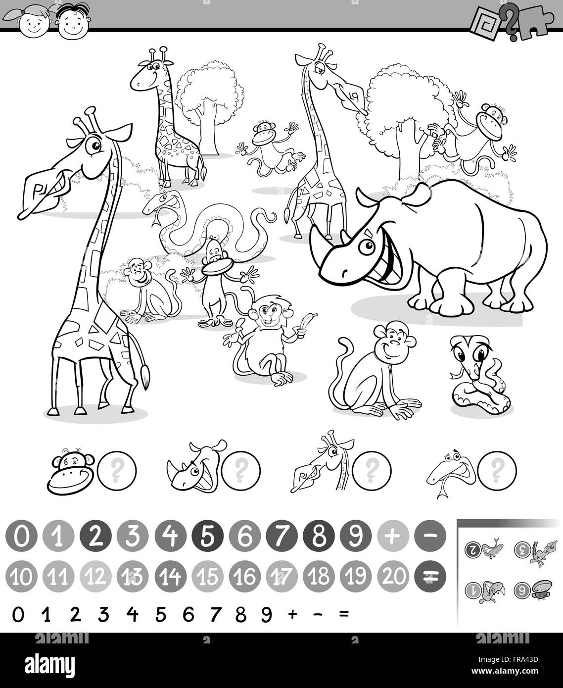 Bianco e Nero Cartoon illustrazione dell educazione Gioco matematico per bambini in età prescolare con Animali safari Illustrazione Vettoriale