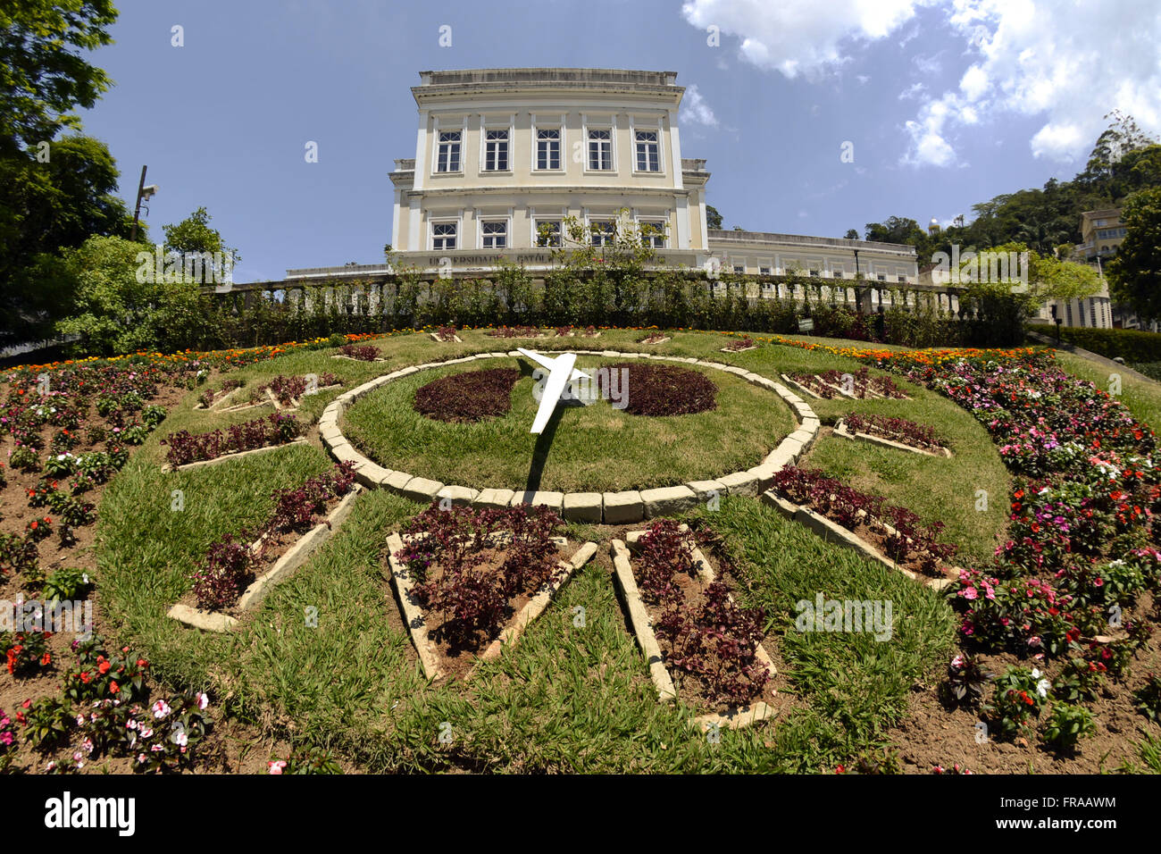 Guarda i fiori e UCP - Università Cattolica di Petropolis in background - fondata nel 1953 Foto Stock