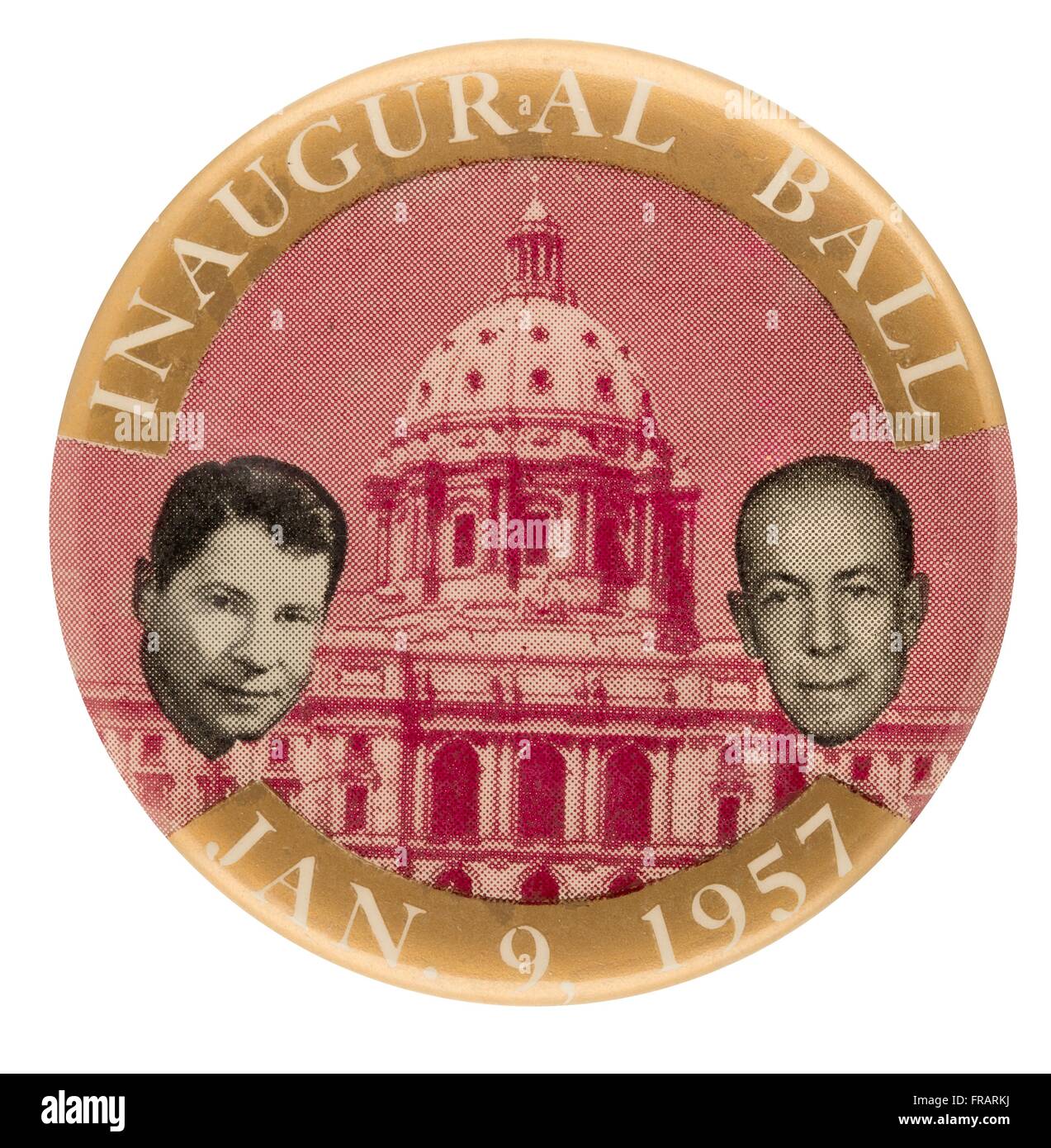 9 gennaio 1957 pinback pulsante per la sfera inaugurale del Minnesota governatore Orville Freeman e il luogotenente governatore Karl Rolvaag Foto Stock