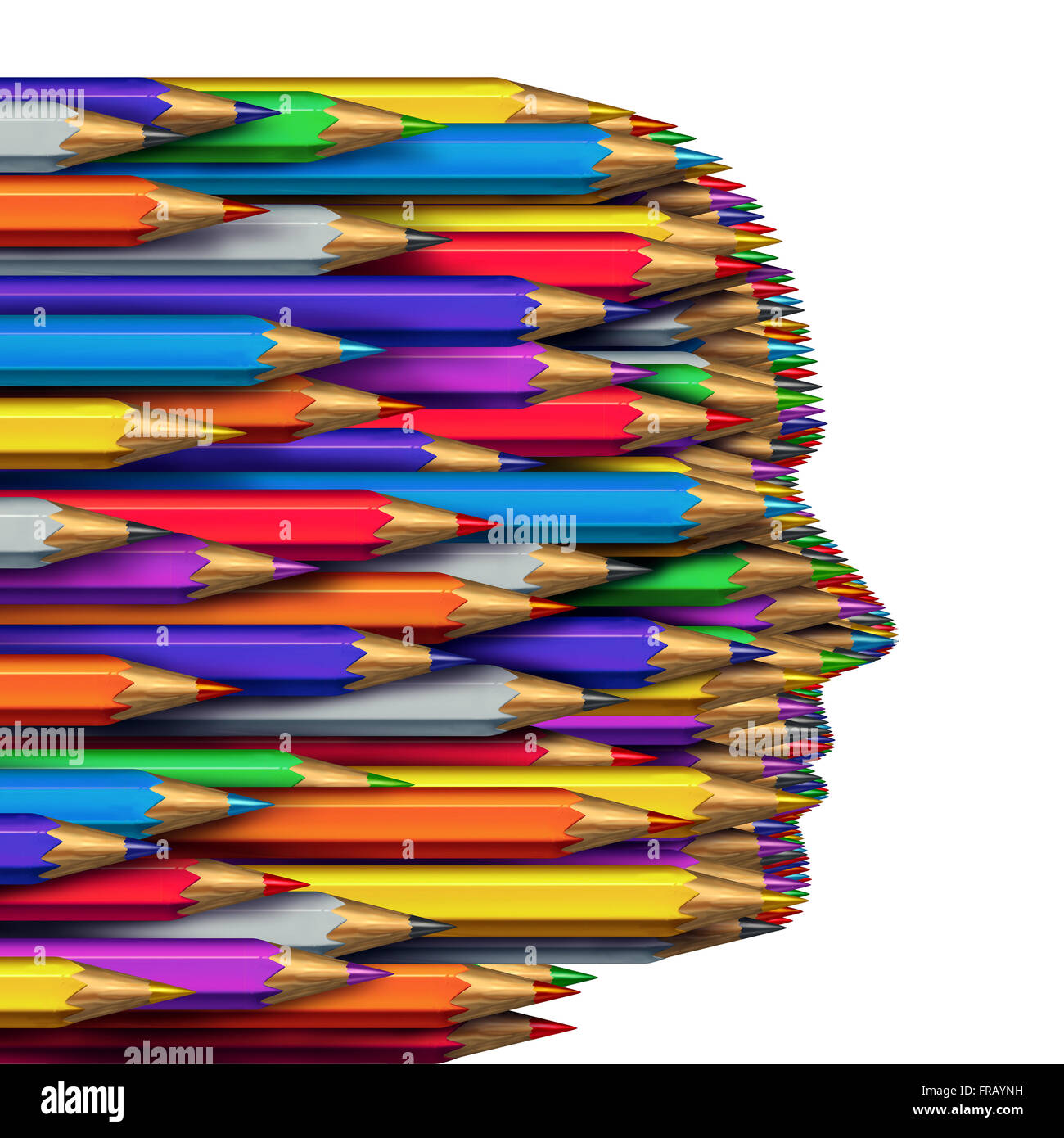 Concetto di idee in un business come simbolo del pensiero creativo come un gruppo di matite colorate raggruppate insieme per formare una testa umana come la creatività e la fantasia simbolo isolato su uno sfondo bianco. Foto Stock