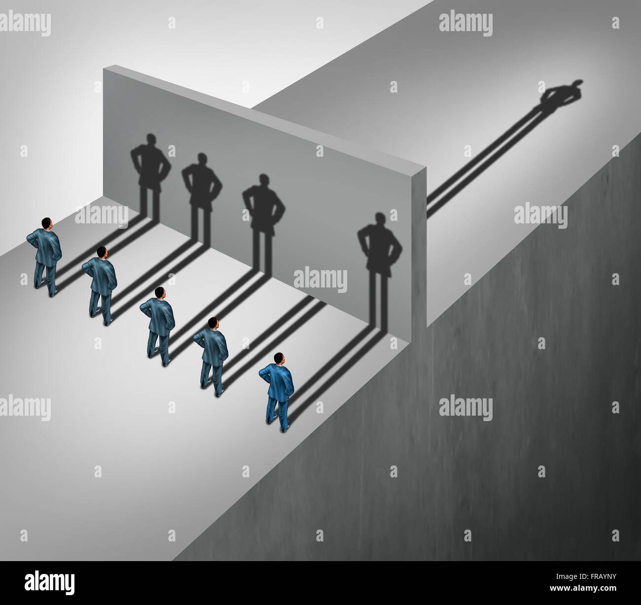 Abilità di leadership concetto aziendale come un gruppo di persone che gettano ombre fermarsi in corrispondenza di una parete ma un imprenditore individuale ha un'ombra balzo in avanti attraverso l'ostacolo come una capacità di successo metafora. Foto Stock