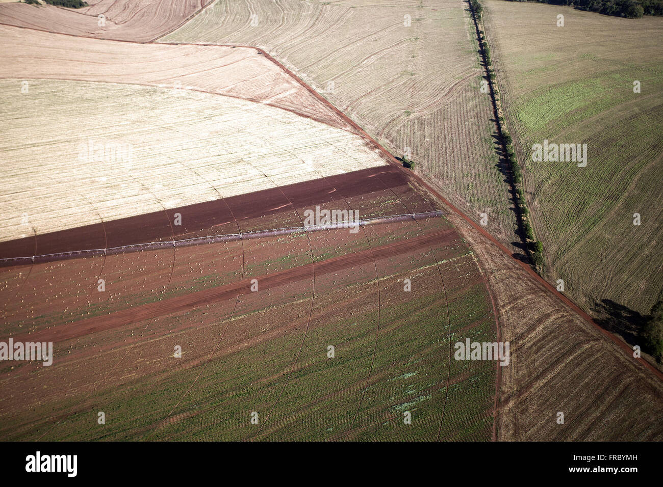 Vista aerea della campagna con superficie irrigata Foto Stock